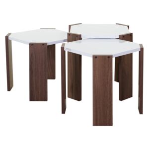 Egymásba rakható asztalka szett, 3 db, fehér-diófa - ECLAIR