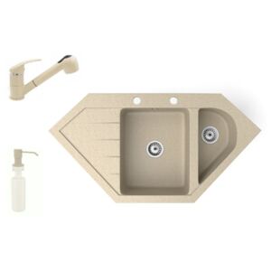Gránit mosogató NERO Joker + kihúzható zuhanyfejes Shower csaptelep + adagoló (bézs)