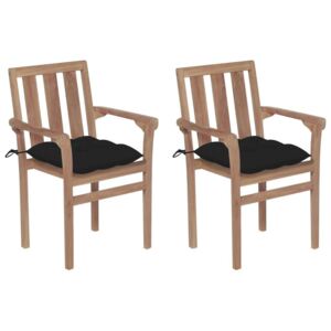 VidaXL 2 db tömör tíkfa kerti szék fekete párnákkal