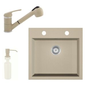 Gránit mosogató EOS Como + Kihúzható zuhanyfejes Shower csaptelep + adagoló + szifon (bézs)