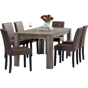 [en.casa]® Rusztikális tölgyfa étkezőasztal - 160 x 90 cm - 6 műbőr barna székkel