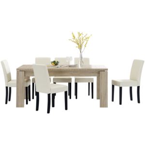[en.casa]® Rusztikális tölgyfa étkezőasztal - 170 x 79 cm - 6 műbőr krémszínű székkel