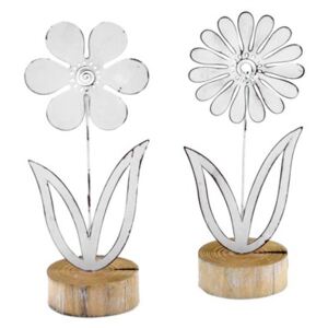 2 darabos kisméretű, virág formájú dekoráció szett fémből, fa talpazattal, 9 x 21,5 cm - Ego Dekor