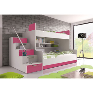 DARCY II emeletes ágy, balos létrával, fehér/magasfényű rózsaszín
