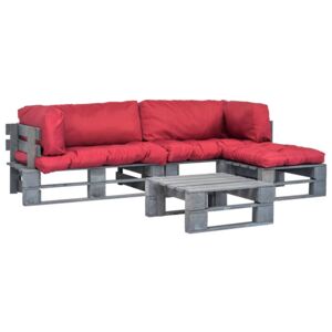 4 db FSC fa kerti raklap kanapé szett piros párnákkal