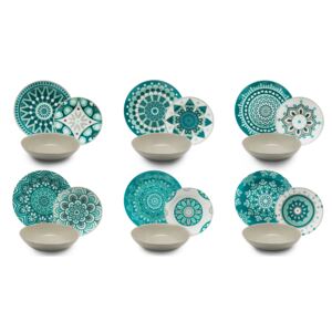 Porcelán és kerámia étkészlet, 18 darab, Mandala Dinner Türkiz / Szürke
