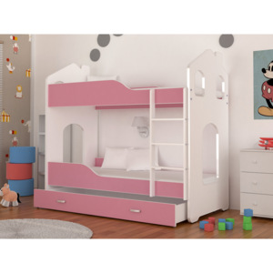 PATRIK Domek gyerekágy + AJÁNDÉK matrac + ágyrács, 180x80 cm, szürke/rózsaszín