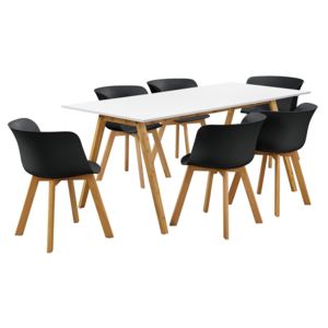 [en.casa]® Étkezőgarnitúra étkezőasztal 6 design székkel 180 x 80 cm fehér/fekete 6 személyes konyhai asztal Niko
