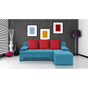 Sarok kanapé Sally kék + piros párnák (1 tárhely, hab)