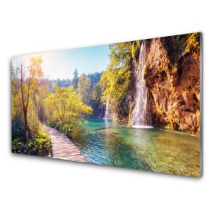 Modern üvegkép Lake Landscape Waterfall 125x50 cm