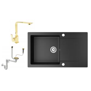 Gránit mosogatótálca NERO Gold + Design Gold csaptelep + dugókiemelő (matt fekete)