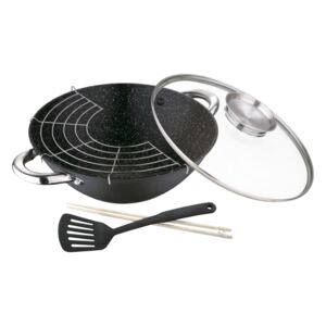 Renberg öntöttvas wok 5 részes 28X9.4cm üvegfedővel, aroma gombbal