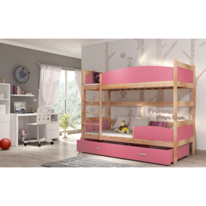 SWING 2 emeletes ágy leesésgátlóval, 190x90 cm, borovifenyő/rózsaszín