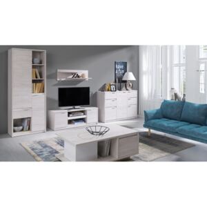 Nappali Fal KOLOREDO 1 - polc + TV szekrény RTV2D + komb. komód + Dohányzó asztal + polc, fehér tölgy/magasfényű fehér