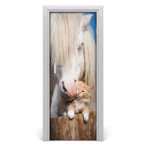 Ajtó tapéta Fehér ló egy macska 75x205 cm