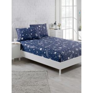 Clementino Starro kék elasztikus lepedő és 2 párnahuzat szett egyszemélyes ágyhoz, 160 x 200 cm