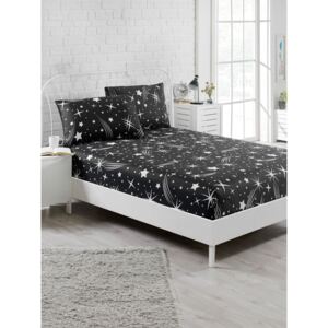 Starry Night fekete elasztikus lepedő és 2 párnahuzat szett egyszemélyes ágyhoz, 160 x 200 cm