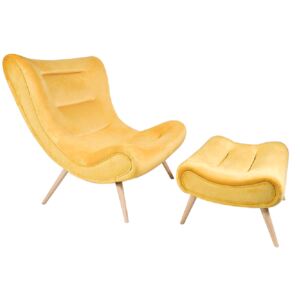 Fotel lábtartóval, sárga Velvet szövet/kaucsukfa, KIRILO