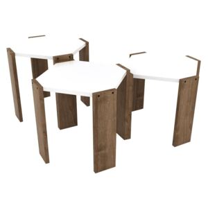 Egymásba rakható asztalka szett, 3 db, fehér-diófa - ECLAIR