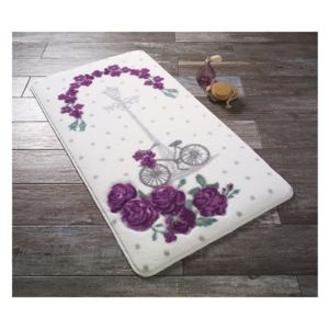 Confetti Bathmats Vintage Bike fehér fürdőszobai szőnyeg lila virággal, 50 x 57 cm