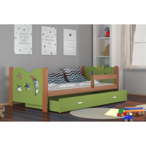 MICKEY gyerekágy + AJÁNDÉK matrac + ágyrács, 160x80 cm, éger/zöld