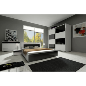 KAYLA II hálószoba összeállítás (2x éjjeliszekrény, komód, szekrény 240, ágy 140x200 cm), fehér/magasfényű fekete