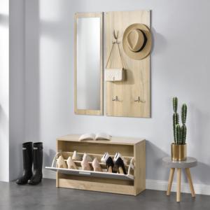 [en.casa]® Előszoba bútor garnitúra - cipősszekrény tükör fali ruhaakasztó faszín/fehér