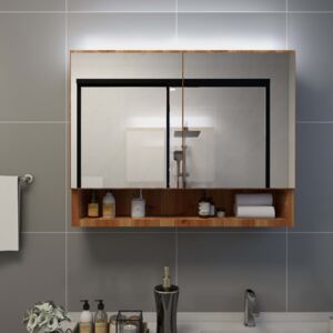 VidaXL tölgyszínű LED-es MDF tükrös fürdőszobaszekrény 80 x 15 x 60 cm
