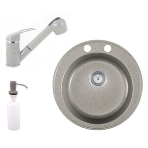 Gránit mosogató EOS Valero + kihúzható zuhanyfejes Shower csaptelep + adagoló (szürke)