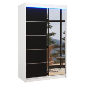 ANCORA tolóajtós ruhásszekrény tükörrel, 120x200x58, fehér/fekete + LED