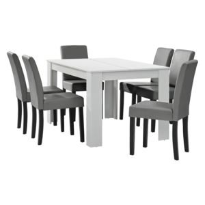 [en.casa]® Étkezőasztal 140 x 90 cm 6 műbőr étkezőszék design konyhai asztal székkel Nora fehér-szürke Garnitúra