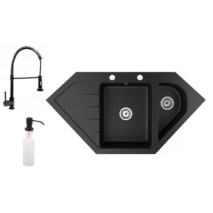 Gránit mosogató NERO Joker + kihúzható zuhanyfejes Spiral csaptelep + adagoló (matt fekete)