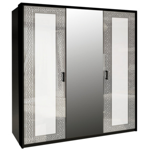 Háromajtós Ruhás Szekrény NICOLA tükörrel , 138x212,5x55, magasfényű fehér /fekete