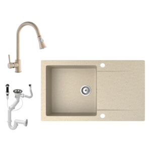 Gránit mosogató NERO Gold + kihúzható zuhanyfejes Snake csaptelep + dugókiemelő (bézs)