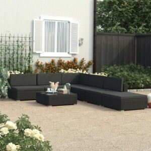 6 részes fekete polyrattan kerti bútorszett párnákkal