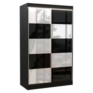 PERU tolóajtós szekrény, 120x200x58, fekete/fehér és fekete üveg + LED
