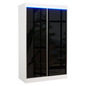 HANSON tolóajtós szekrény, 120x200x58, fehér/fekete üveg + LED