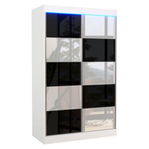 PERU tolóajtós szekrény, 120x200x58, fehér/fekete és fehér üveg + LED