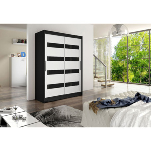 Tolóajtós Ruhás szekrény STAWEN IV, 150x200x58, fekete+fehér /magasfényű fekete