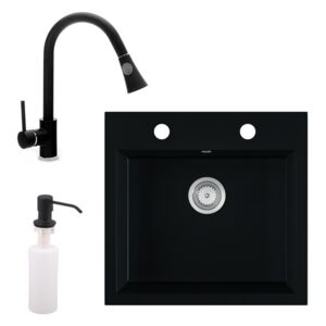 Gránit mosogató EOS Como + Kihúzható zuhanyfejes Snake csaptelep + adagoló (matt fekete)