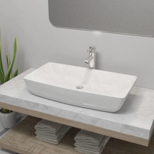 Szögletes fehér fürdőszobai kerámia mosdókagyló keverőcsappal