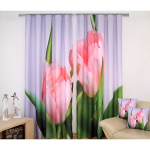Zöld ablakdrapéria rózsaszín tulipán motívummal Szélesség: 160 cm | Hossz: 250 cm (2 darabos készletben)