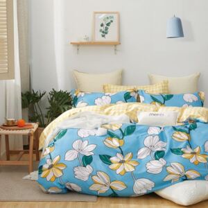 Gyönyörű kék pamut ágynemű virágokkal 4 rész: 1db 160 cmx200 + 2db 70 cmx80 + lepedő