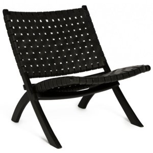 Fekete szék teakfa szerkezettel és fonott marhabőr üléssel - Simla