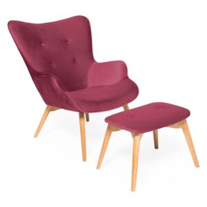 Cora Velvet rózsaszín fotel és lábtartó, természetes lábszerkezet - Vivonita