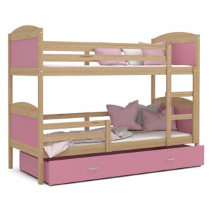 Marobútor MÁTYÁS emeletes ágy tároló fiókkal NATÚR BOROVI színben Szín: Rózsaszín, Mérete: 200x90