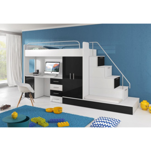 DARCY V, emeletes ágy, 80x200 cm, univerzális orientáció, fehér/magasfényű fekete