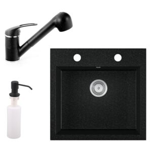 Gránit mosogató EOS Como + Kihúzható zuhanyfejes Shower csaptelep + adagoló + szifon (fekete)