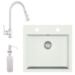 Gránit mosogató EOS Como + Kihúzható zuhanyfejes Snake csaptelep + adagoló + szifon (fehér)