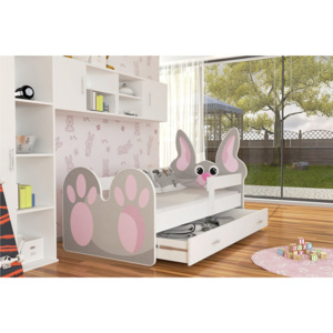 NYUSZI gyerekágy + AJÁNDÉK matrac + ágyrács, 140x80 cm, fehér/minta 01 rózsaszín